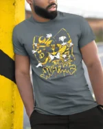 Wu-Twg Inspired T-Shirt Cool Bees and Boombox Graphic Tee - model in grey shirt leaning against column