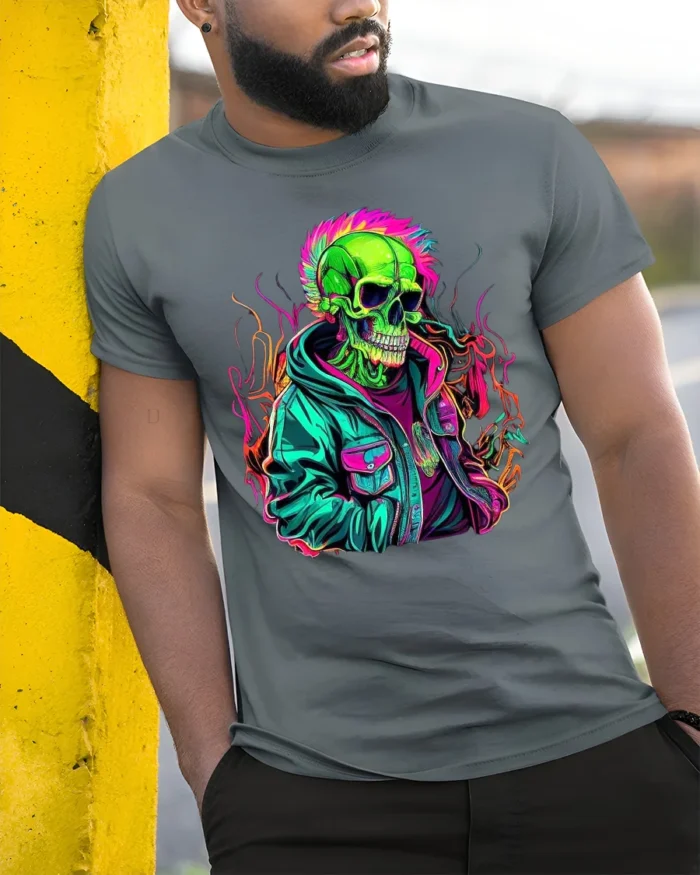 Psychedelic Skull in Jacket Tee  Bold Urban Style T-Shirt - model in grey shirt leaning against column