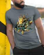 Bold Samurai Mask Tee with Fire and Katana Artwork Print - model in grey shirt leaning against column