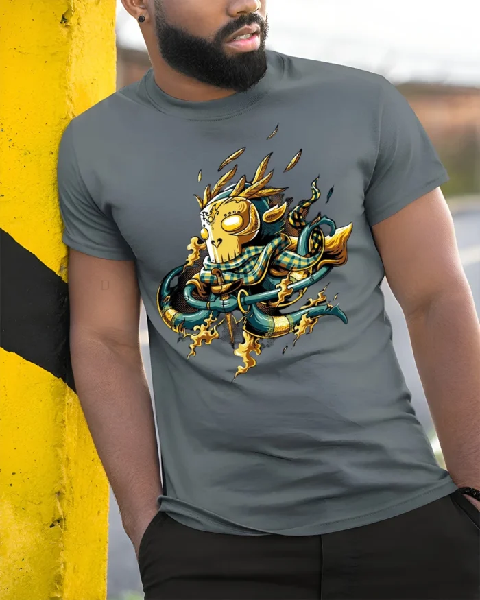 Bold Samurai Mask Tee with Fire and Katana Artwork Print - model in grey shirt leaning against column