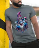Trippy Wizard Graphic T-Shirt One Eyed Mage Streetwear - model in grey shirt leaning against column