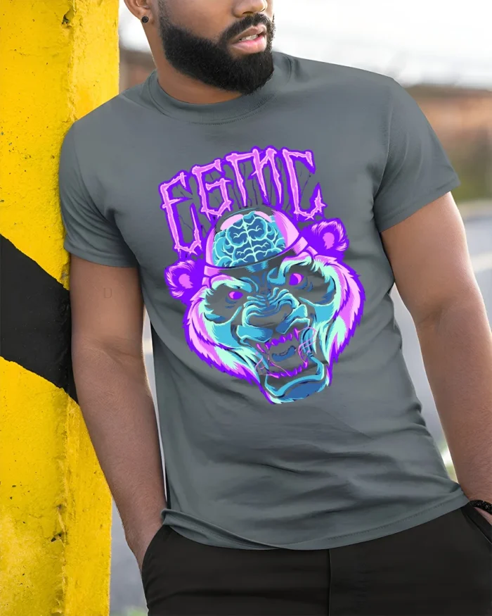 Neon Cyber Panda T-Shirt Glowing Brain Graphic Tee - model in grey shirt leaning against column