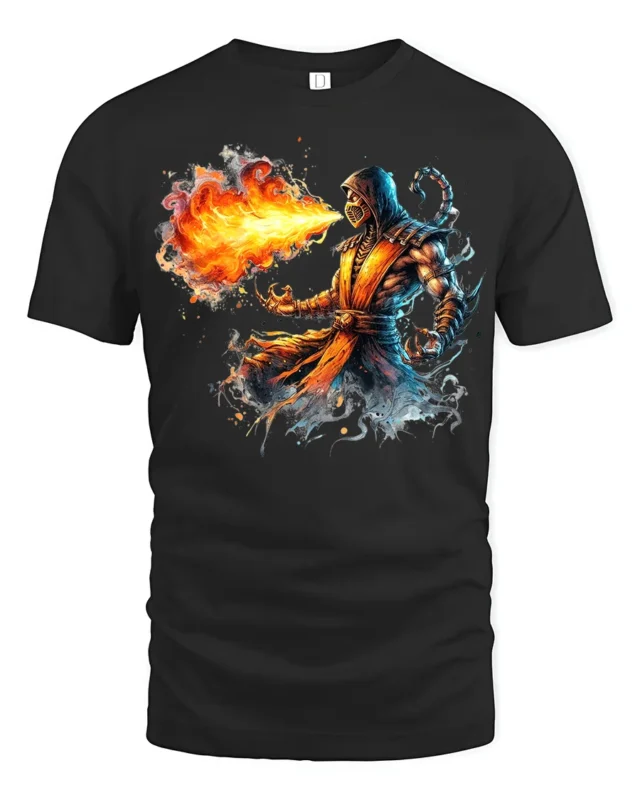 Scorpion Fire Tee Mortal Kombat Game Graphic T-Shirt - black t-shirt on white background