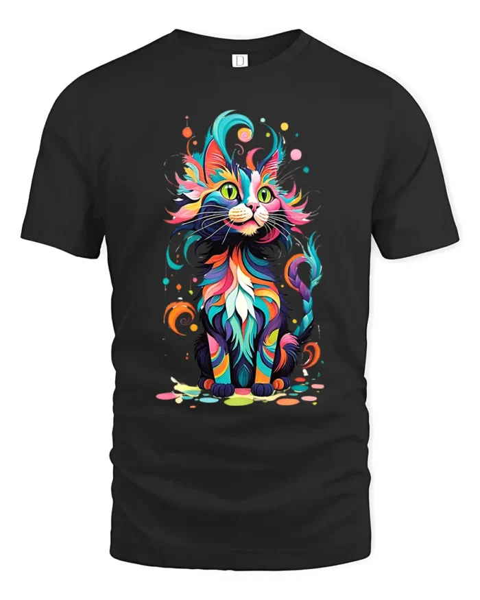 Psychedelic Kitty T-Shirt Vibrant Abstract Cat Tee - black t-shirt on white background