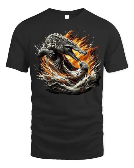Croc Jaguar Clash Tee Fierce Animal Battle Graphic T-Shirt - black t-shirt on white background