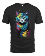 Color Burst Kitty Tee Unique Abstract Cat Graphic Tee - black t-shirt on white background