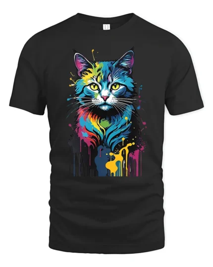 Color Burst Kitty Tee Unique Abstract Cat Graphic Tee - black t-shirt on white background