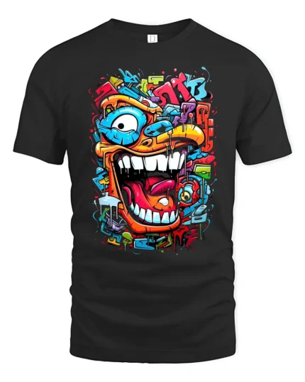 Urban Beast Graphic Tee Funny Graffiti Face T-Shirt - black t-shirt on white background