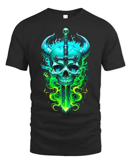 Horned Skull Sword Tee Fantasy Warrior Graphic T-Shirt - black t-shirt on white background