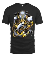 Kraken Attack Shark T-Shirt Ocean Monster Anchor Tee - black t-shirt on white background