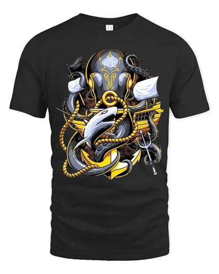 Kraken Attack Shark T-Shirt Ocean Monster Anchor Tee - black t-shirt on white background