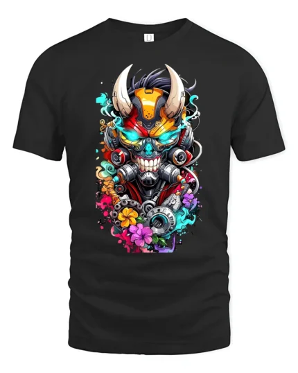 Cyberpunk Oni T-Shirt Futuristic Japanese Demon Tee - black t-shirt on white background