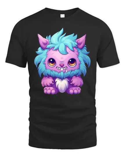 Cute Fluffy Monster Tee Adorable Cartoon Creature T-Shirt - black t-shirt on white background