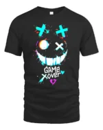Game Over Smiley Tee Distressed Gamer Graphic T-Shirt - black t-shirt on white background