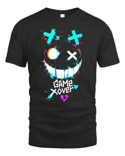 Game Over Smiley Tee Distressed Gamer Graphic T-Shirt - black t-shirt on white background