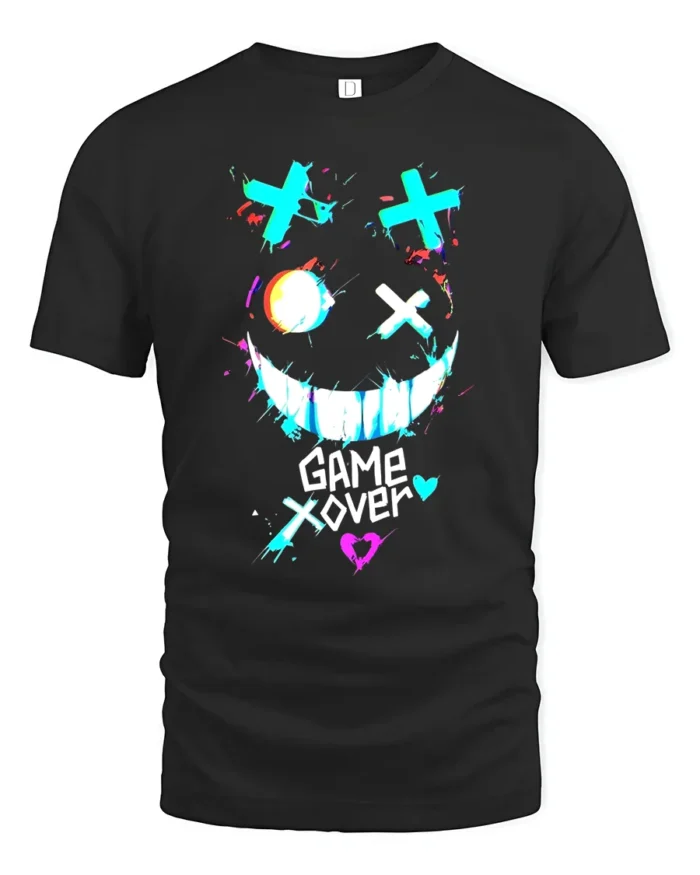 Game Over Smiley Tee Distressed Gamer Graphic T-Shirt - black t-shirt on white background