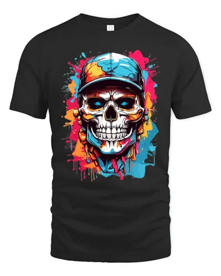Street Style Skull T-Shirt Colorful Skull with Hat Tee - black t-shirt on white background