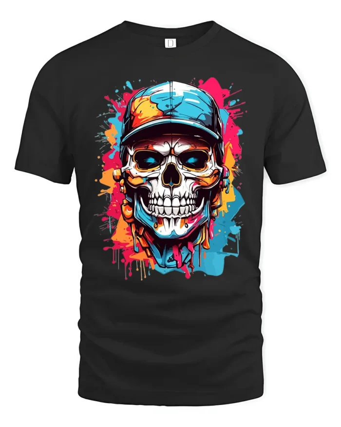 Street Style Skull T-Shirt Colorful Skull with Hat Tee - black t-shirt on white background