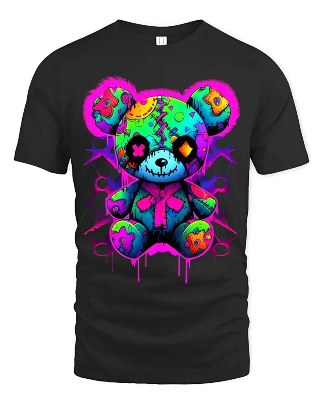 Stitched Teddy Bear Tee Unique Colorful Monster Tee - black t-shirt on white background