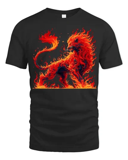 Fire Lion Graphic Tee Majestic Burning Animal T-Shirt - black t-shirt on white background