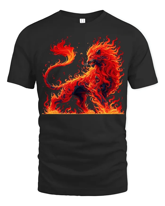 Fire Lion Graphic Tee Majestic Burning Animal T-Shirt - black t-shirt on white background