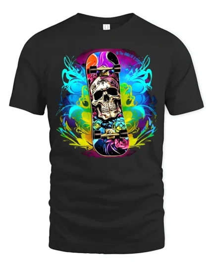 Skull Skateboard Tee Colorful Skeleton Rider T-Shirt - black t-shirt on white background