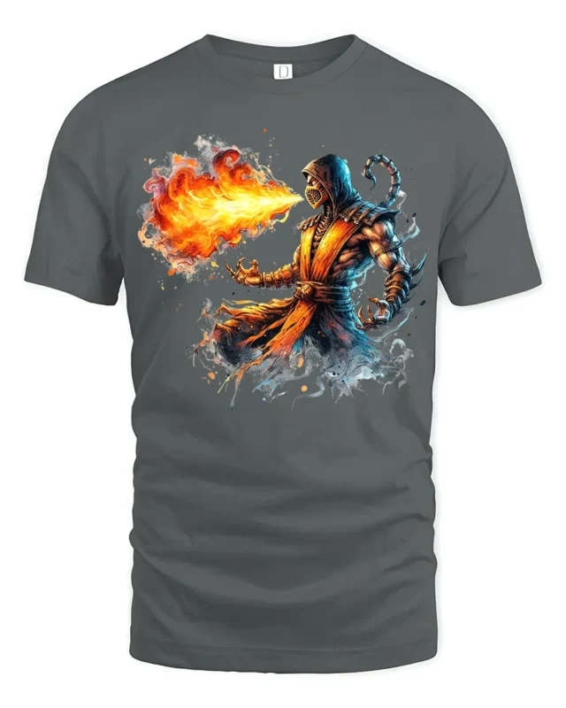 Scorpion Fire Tee Mortal Kombat Game Graphic T-Shirt - gray t-shirt on white background