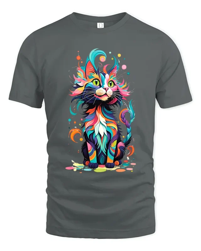 Psychedelic Kitty T-Shirt Vibrant Abstract Cat Tee - gray t-shirt on white background