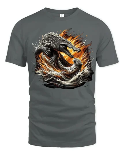 Croc Jaguar Clash Tee Fierce Animal Battle Graphic T-Shirt - gray t-shirt on white background