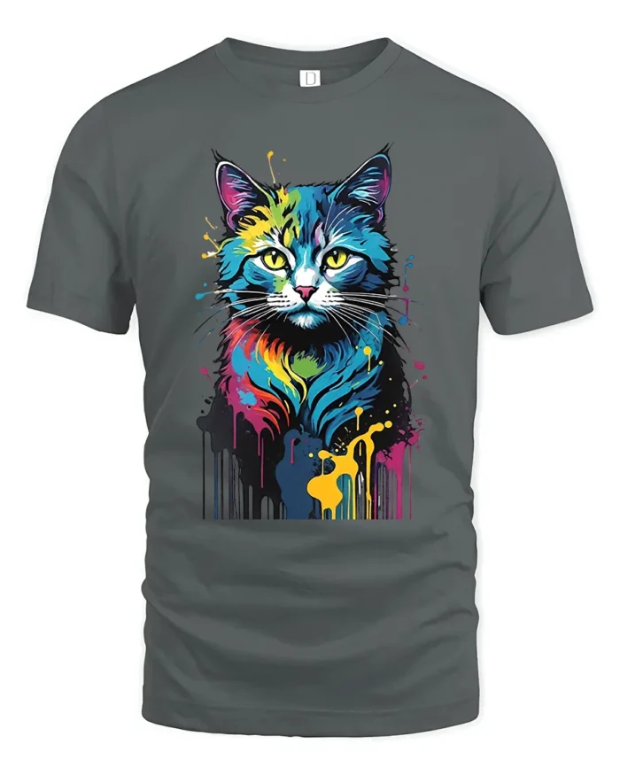 Color Burst Kitty Tee Unique Abstract Cat Graphic Tee - gray t-shirt on white background