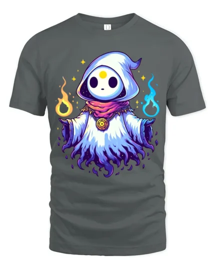 Cute Magic Hood Tee Whimsical Sorcerer Graphic T-Shirt - gray t-shirt on white background