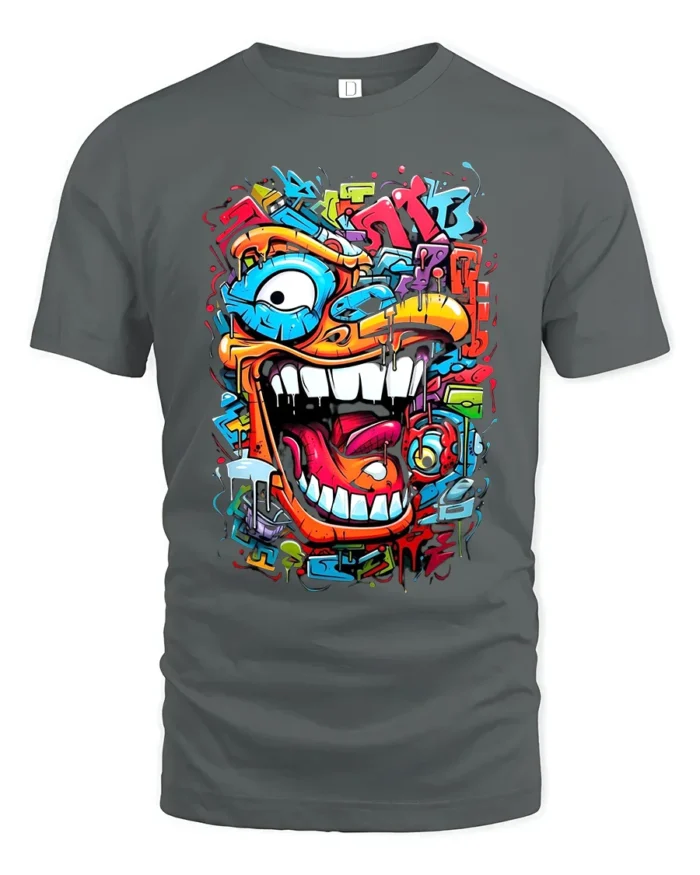 Urban Beast Graphic Tee Funny Graffiti Face T-Shirt - gray t-shirt on white background