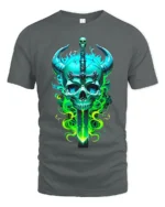 Horned Skull Sword Tee Fantasy Warrior Graphic T-Shirt - gray t-shirt on white background