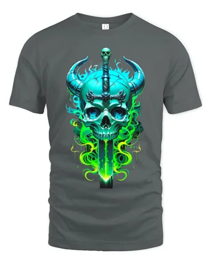 Horned Skull Sword Tee Fantasy Warrior Graphic T-Shirt - gray t-shirt on white background