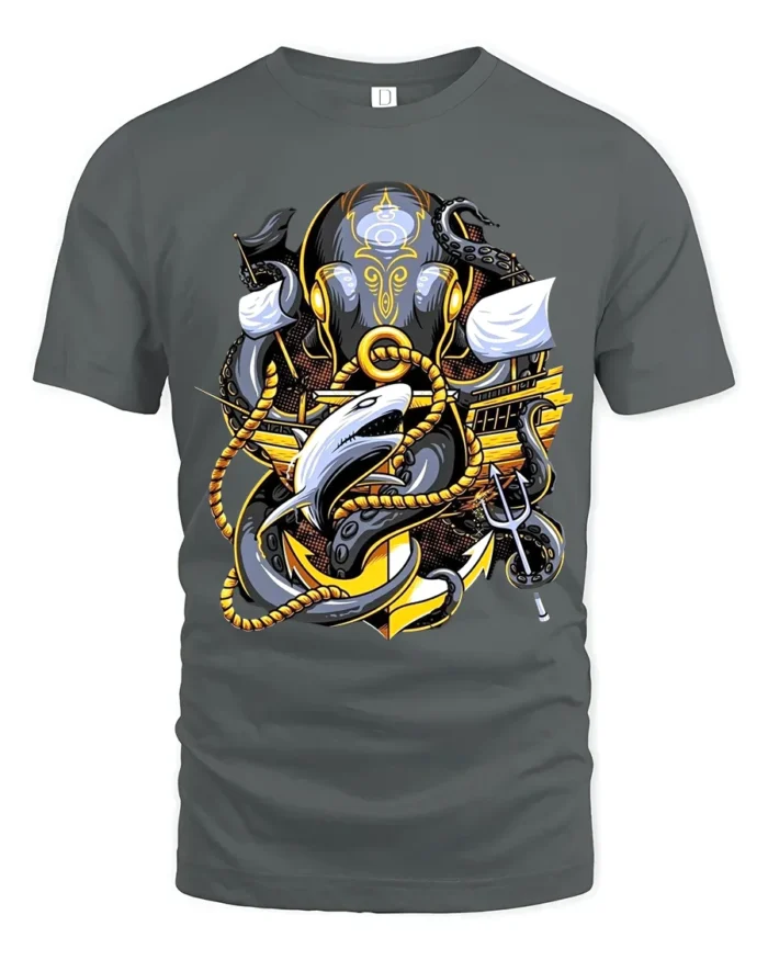 Kraken Attack Shark T-Shirt Ocean Monster Anchor Tee - gray t-shirt on white background