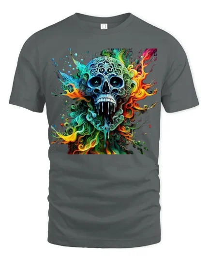 Ornate Sugar Skull Tee Colorful Day of the Dead T-Shirt - gray t-shirt on white background