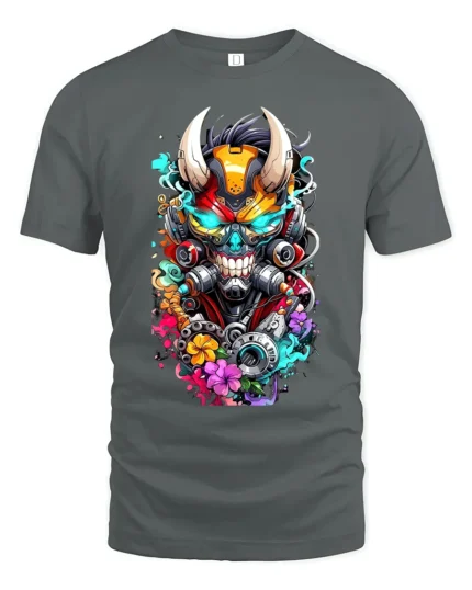 Cyberpunk Oni T-Shirt Futuristic Japanese Demon Tee - gray t-shirt on white background