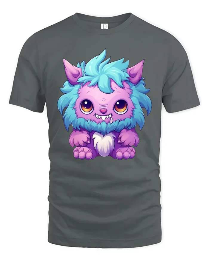 Cute Fluffy Monster Tee  Adorable Cartoon Creature T-Shirt - gray t-shirt on white background