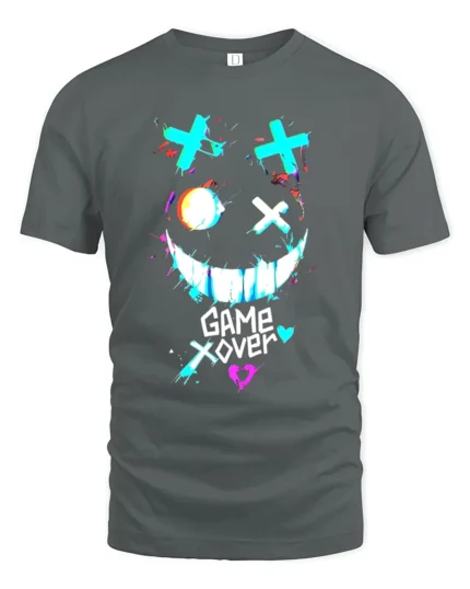 Game Over Smiley Tee Distressed Gamer Graphic T-Shirt - gray t-shirt on white background