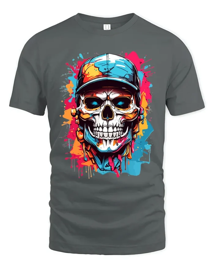 Street Style Skull T-Shirt Colorful Skull with Hat Tee - gray t-shirt on white background