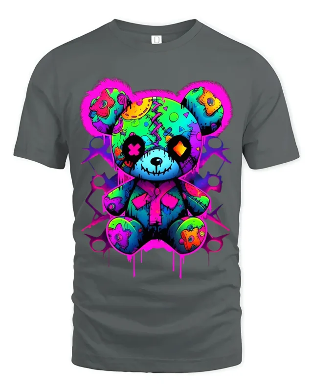 Stitched Teddy Bear Tee Unique Colorful Monster Tee - gray t-shirt on white background
