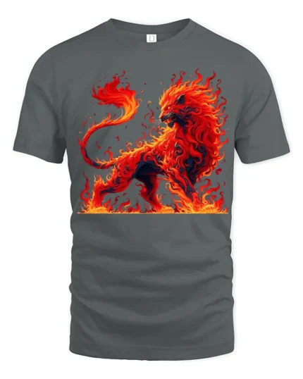 Fire Lion Graphic Tee Majestic Burning Animal T-Shirt - gray t-shirt on white background