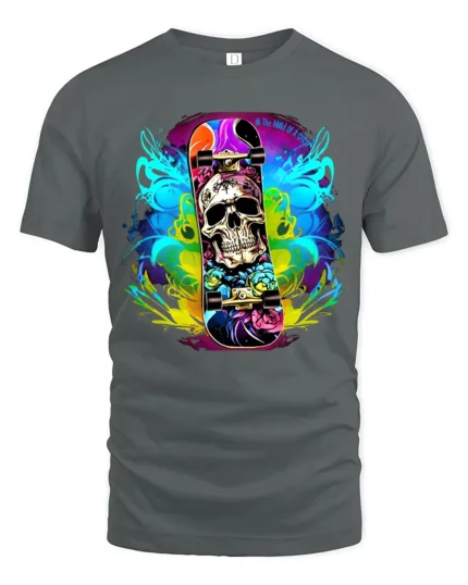 Skull Skateboard Tee Colorful Skeleton Rider T-Shirt - gray t-shirt on white background
