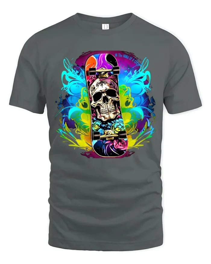 Skull Skateboard Tee Colorful Skeleton Rider T-Shirt - gray t-shirt on white background