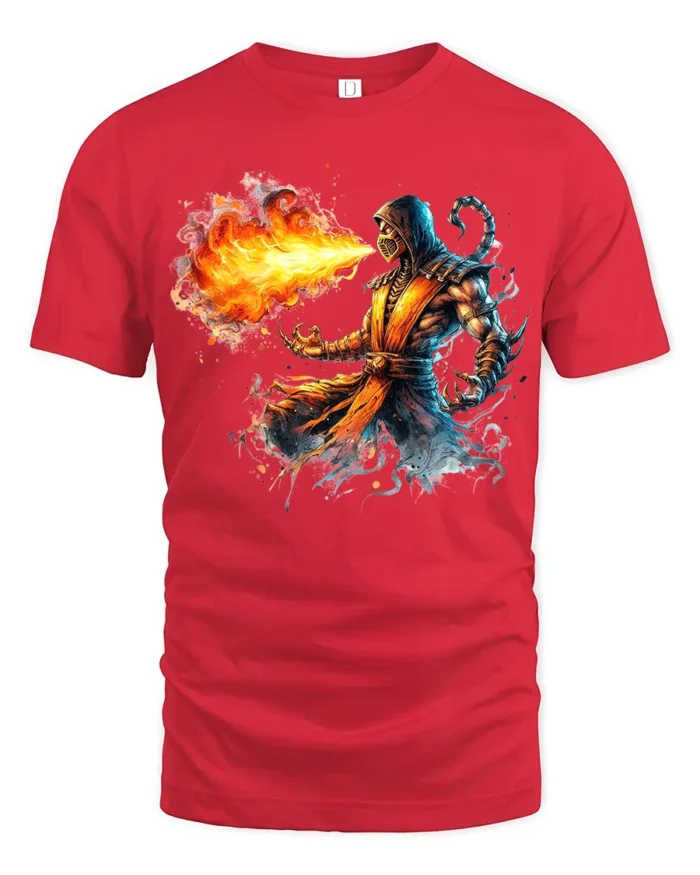 Scorpion Fire Tee Mortal Kombat Game Graphic T-Shirt - red t-shirt on white background