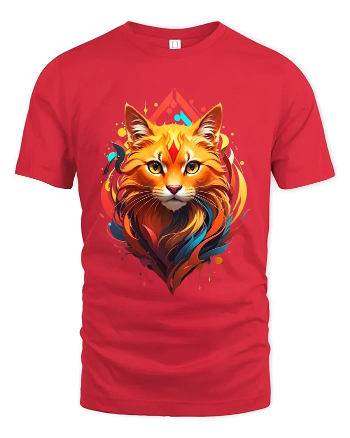 Radiant Cat Face Tee Artistic Feline Lover T-Shirt - red t-shirt on white background