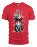 Psychedelic Kitty T-Shirt Vibrant Abstract Cat Tee - red t-shirt on white background