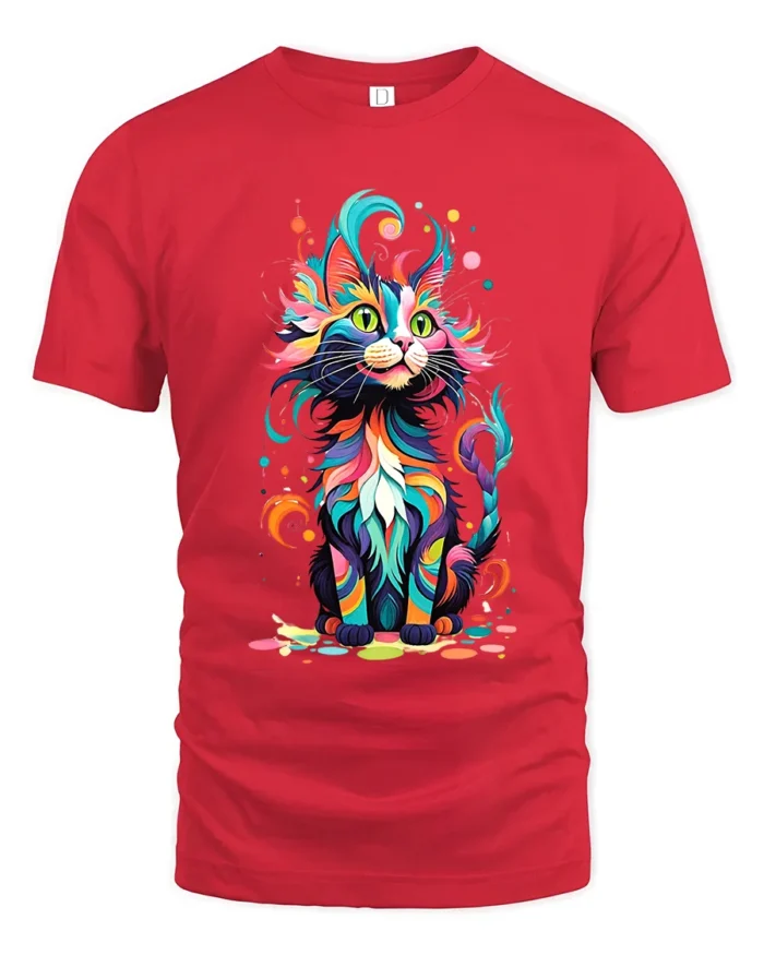 Psychedelic Kitty T-Shirt Vibrant Abstract Cat Tee - red t-shirt on white background