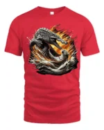 Croc Jaguar Clash Tee Fierce Animal Battle Graphic T-Shirt - red t-shirt on white background