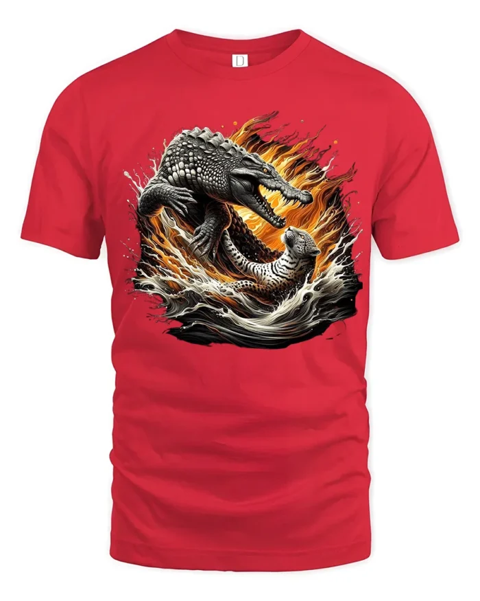 Croc Jaguar Clash Tee Fierce Animal Battle Graphic T-Shirt - red t-shirt on white background